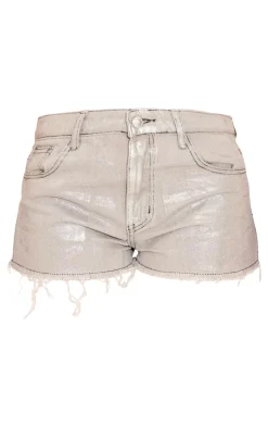 Clearance PrettyLittleThing Petite Metallic Denim Frayed Hem Shorts Silver