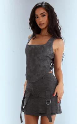 Petite Slate Washed Faux Leather Pocket Cargo Mini Skirt