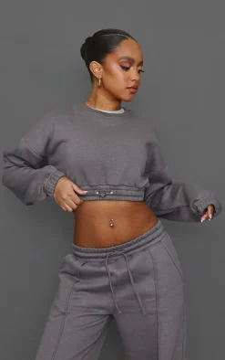 New PrettyLittleThing Petite Crop Elasticated Sweat Top Steel Blue