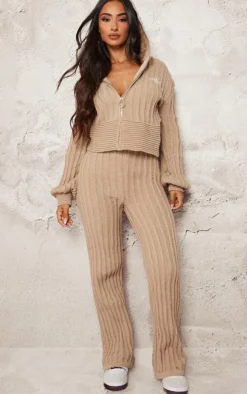 Best PrettyLittleThing Petite Athletic Sport Embroidered Knit Flared Pants Stone