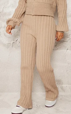 Best PrettyLittleThing Petite Athletic Sport Embroidered Knit Flared Pants Stone