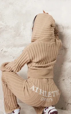 Best PrettyLittleThing Petite Athletic Sport Embroidered Knit Flared Pants Stone