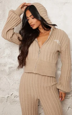 Clearance PrettyLittleThing Petite Athletic Sport Embroidered Knit Zip Up Cropped Cardigan Stone