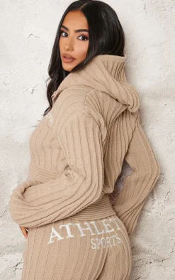 Clearance PrettyLittleThing Petite Athletic Sport Embroidered Knit Zip Up Cropped Cardigan Stone