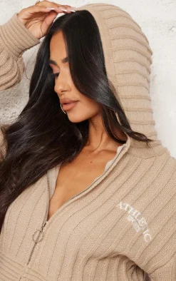 Clearance PrettyLittleThing Petite Athletic Sport Embroidered Knit Zip Up Cropped Cardigan Stone
