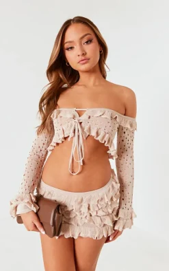 Clearance PrettyLittleThing Petite Bardot Crop Top With Ruffle Details Stone