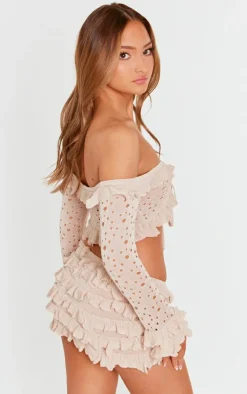 Clearance PrettyLittleThing Petite Bardot Crop Top With Ruffle Details Stone