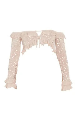 Clearance PrettyLittleThing Petite Bardot Crop Top With Ruffle Details Stone