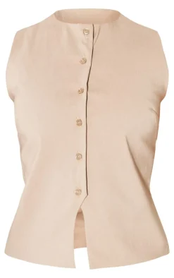 Hot PrettyLittleThing Petite Bengaline Longline Button Vest Stone