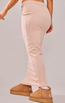 Online PrettyLittleThing Petite Brushed Rib Ruched Front Midaxi Skirt Stone