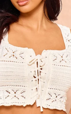 Sale PrettyLittleThing Petite Crochet Tie Front Detail Crop Top Stone