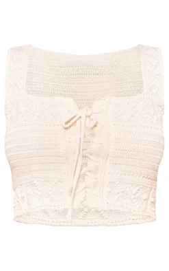 Sale PrettyLittleThing Petite Crochet Tie Front Detail Crop Top Stone