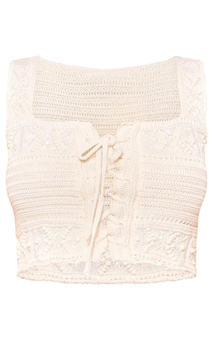 Sale PrettyLittleThing Petite Crochet Tie Front Detail Crop Top Stone