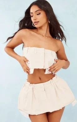 Outlet PrettyLittleThing Petite Denim Button Front Crop Top Stone