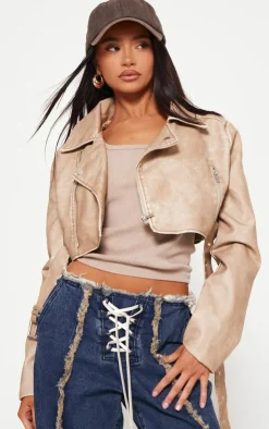 PrettyLittleThing Faux Leather Jackets*Petite Faux Leather Super Cropped Belted Biker Jacket
