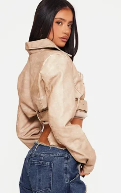 PrettyLittleThing Faux Leather Jackets*Petite Faux Leather Super Cropped Belted Biker Jacket