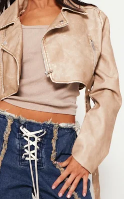 PrettyLittleThing Faux Leather Jackets*Petite Faux Leather Super Cropped Belted Biker Jacket