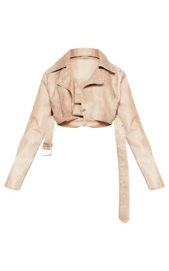 PrettyLittleThing Faux Leather Jackets*Petite Faux Leather Super Cropped Belted Biker Jacket