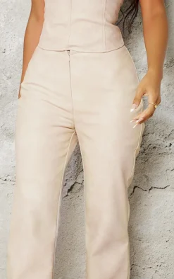 Online PrettyLittleThing Petite Faux Leather Zip Front Flared Pants Stone