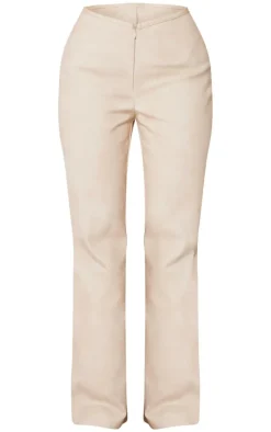 Online PrettyLittleThing Petite Faux Leather Zip Front Flared Pants Stone