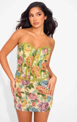 Sale PrettyLittleThing Petite Floral Jacquard Longline Corset Stone