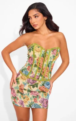 Sale PrettyLittleThing Petite Floral Jacquard Longline Corset Stone