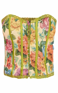 Sale PrettyLittleThing Petite Floral Jacquard Longline Corset Stone