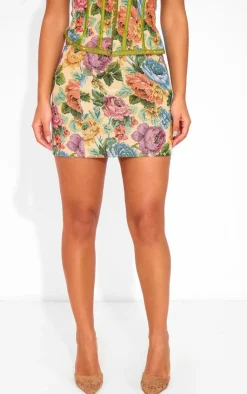Sale PrettyLittleThing Petite Floral Jacquard Mini Skirt Stone
