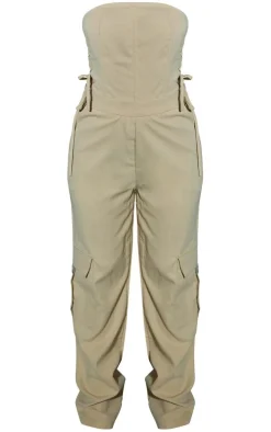 Petite Stone Lace Up Bandeau Cargo Pocket Detail Jumpsuit