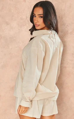 Outlet PrettyLittleThing Petite Linen Look Button Up Shirt Stone