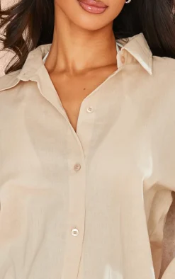 Outlet PrettyLittleThing Petite Linen Look Button Up Shirt Stone