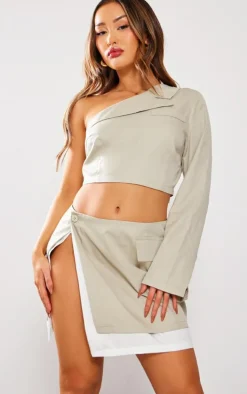 Sale PrettyLittleThing Petite One Shoulder Woven Crop Top Stone