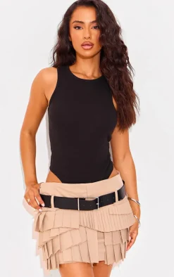 Petite Stone Pleated Asymmetric Belted Mini Skirt