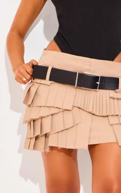 Petite Stone Pleated Asymmetric Belted Mini Skirt