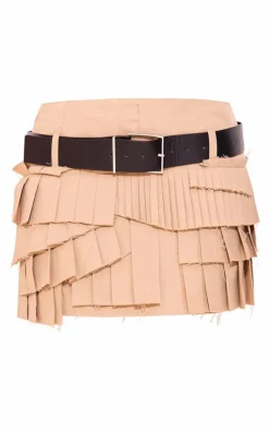Petite Stone Pleated Asymmetric Belted Mini Skirt