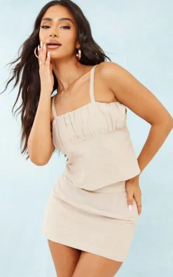 New PrettyLittleThing Petite Strappy Marl Linen Look Top Stone