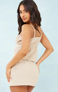 New PrettyLittleThing Petite Strappy Marl Linen Look Top Stone