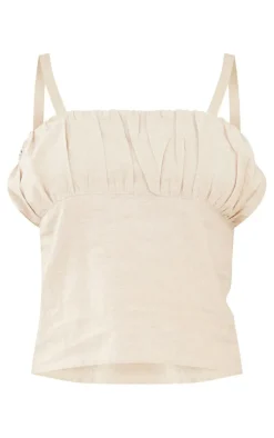New PrettyLittleThing Petite Strappy Marl Linen Look Top Stone