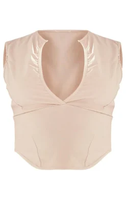 Outlet PrettyLittleThing Petite Stretch Woven Plunge Seam Top Stone