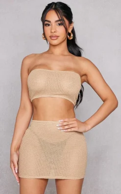 Hot PrettyLittleThing Petite Textured Bodycon Skirt Stone