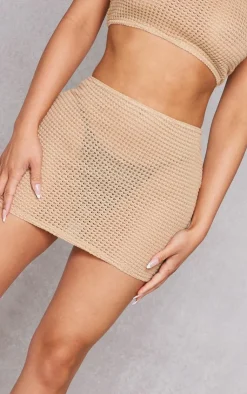 Hot PrettyLittleThing Petite Textured Bodycon Skirt Stone