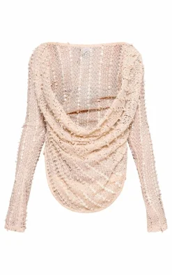 Best PrettyLittleThing Petite Textured Extreme Cowl Neck Top Stone