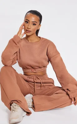 Outlet PrettyLittleThing Petite Crop Elasticated Hem Sweat Top Tan