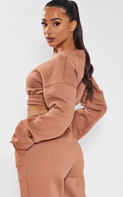 Outlet PrettyLittleThing Petite Crop Elasticated Hem Sweat Top Tan
