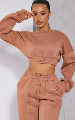 Outlet PrettyLittleThing Petite Crop Elasticated Hem Sweat Top Tan