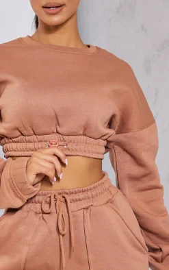 Outlet PrettyLittleThing Petite Crop Elasticated Hem Sweat Top Tan