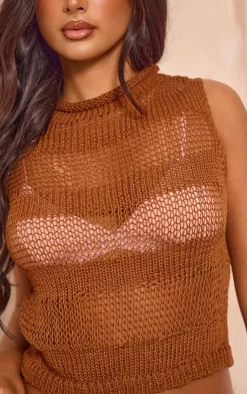 PrettyLittleThing Sleeveless Tops*Petite Open Knit Sleeveless Long Top
