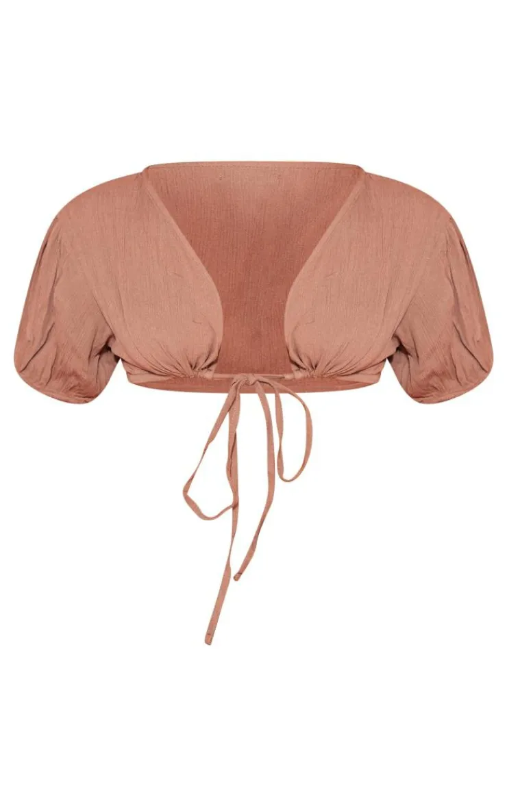 Outlet PrettyLittleThing Petite Cheesecloth Tie Front Crop Top Taupe