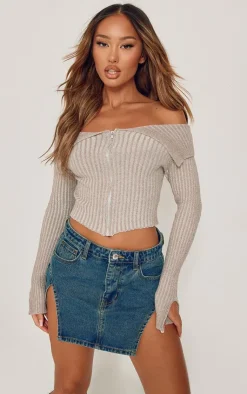 PrettyLittleThing Knitted Tops*Petite Contrast Knit Fold Over Zip Top