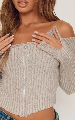 PrettyLittleThing Knitted Tops*Petite Contrast Knit Fold Over Zip Top